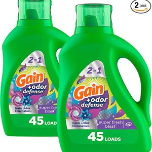 Gain + Odor Defense Laundry Detergent Liquid Soap, 2-Pack, Super Fresh Blast Scent, 65 Fl Oz Each